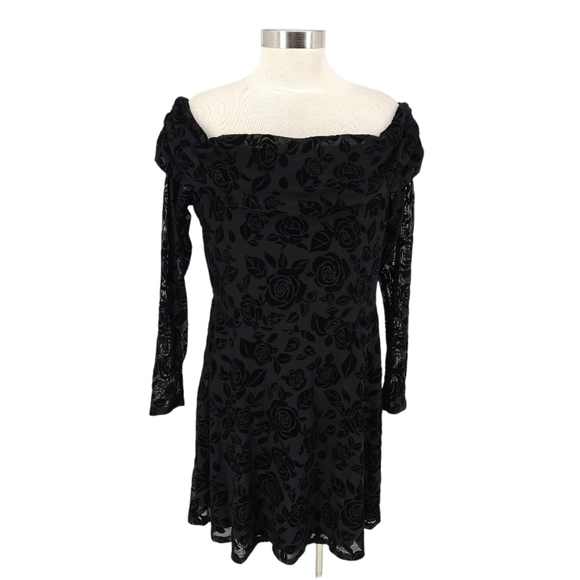 Wild Fable Fit Flare Dress Black Flocked Floral Off Shoulder Long Sleeve 2XL - Picture 1 of 8